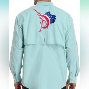 LRD Performance Fishing Shirt Marlin Embroidered Light Blue NWOT